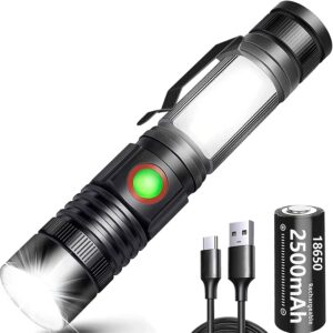 Torch LED 2000 Lumen Super Bright,2500 mAh High Capacity Rechargeable Pocket Size Torch with Magnet and COB Work Light,Powerful Flashlight for Hiking, Camping, and Walking