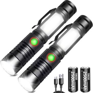 Torch LED 2000 Lumen Super Bright,2500 mAh High Capacity Rechargeable Pocket Size Torches with Magnet and COB Work Light,Powerful Flashlight for Hiking, Camping, and Walking(2 Pack)